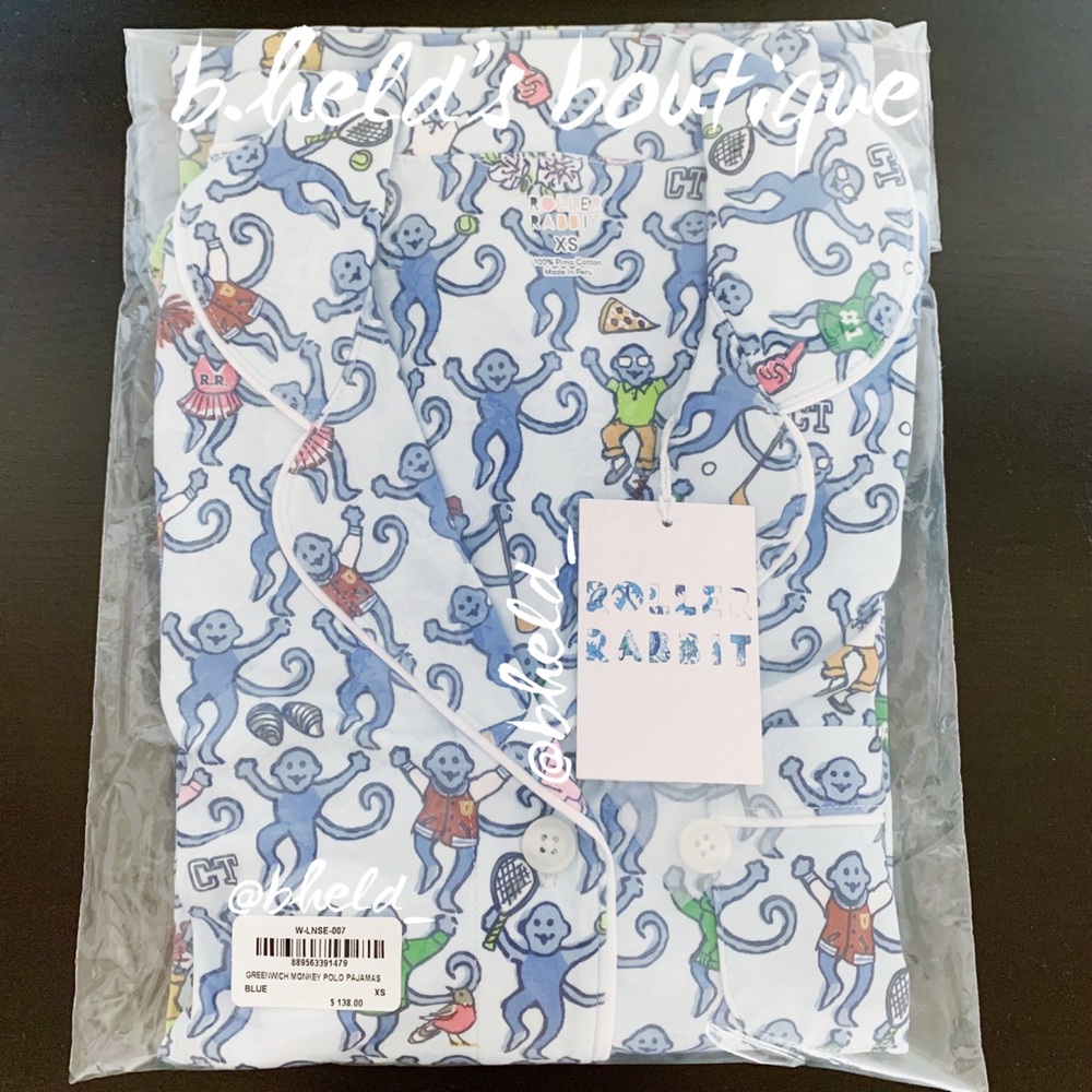 Roller Rabbit Greenwich Monkey Polo Pajamas in Blue Monkey Size XS Brand New NWT - Picture 15 of 16